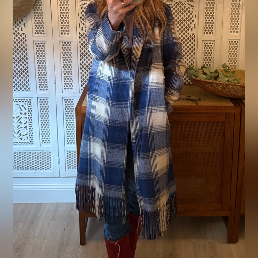 Z Supply Blue and White Plaid Trench Coat